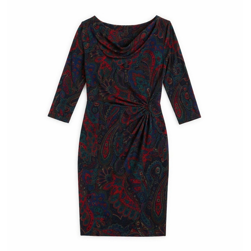 Lauren Ralph Lauren Paisley Print Cowl Neck Ruched Sheath‎ Dress Jersey Size 4